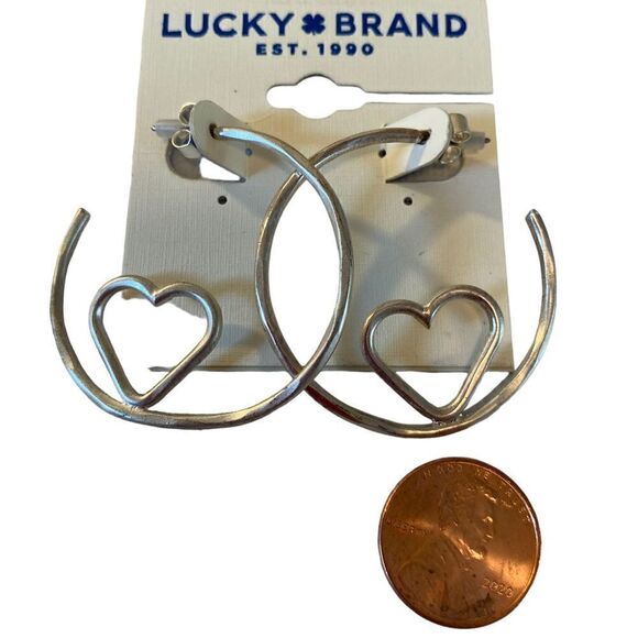 Lucky Brand Heart in Hoop Earrings in Matte Hammered Silver Tone. - Picture 6 of 6